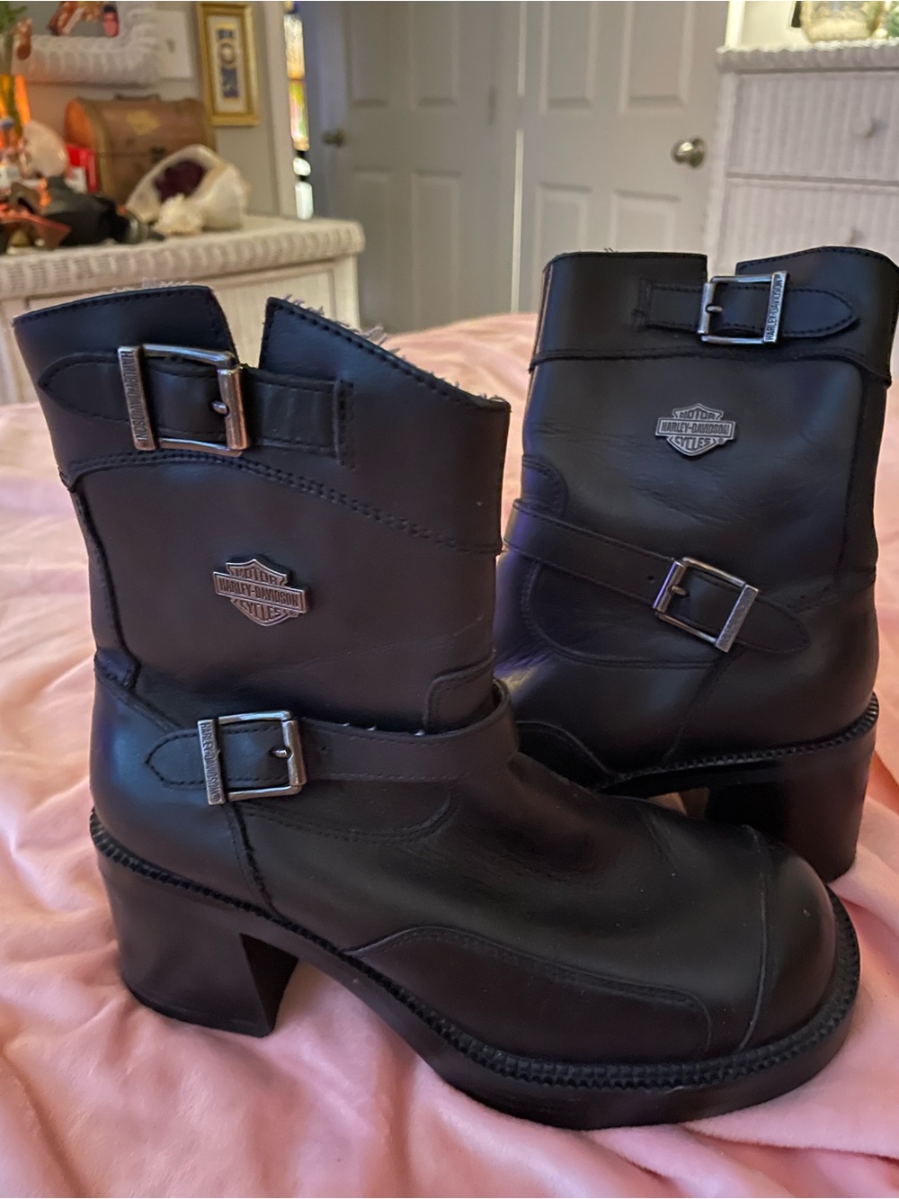 Harley-Davidson Black Leather Buckle Mid-Calf Heeled Boots